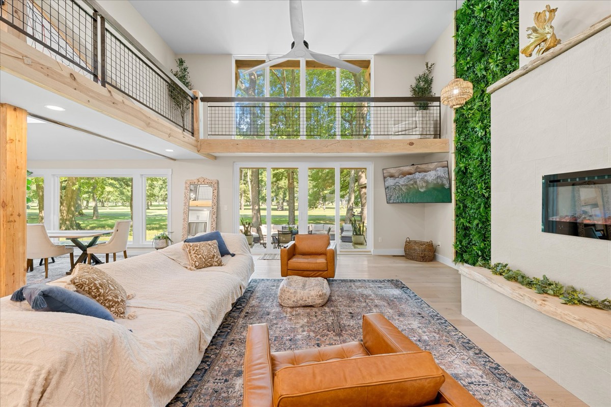Open great room from above showing upper level and living area